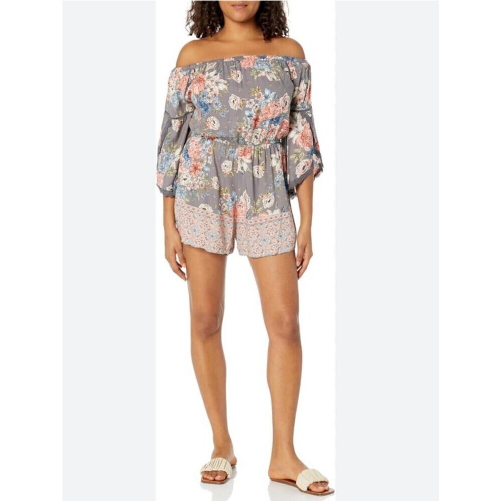 Angie Womens Off Shoulder Floral Romper Crochet Boho Festival Medium Gray Pink